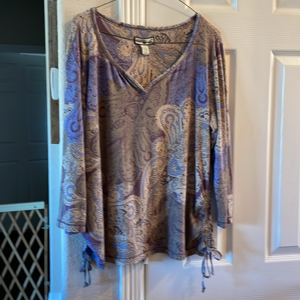 Caribbean Joe 3/4 Sleeve Ruched Side Tie Tropical Print Top  XL